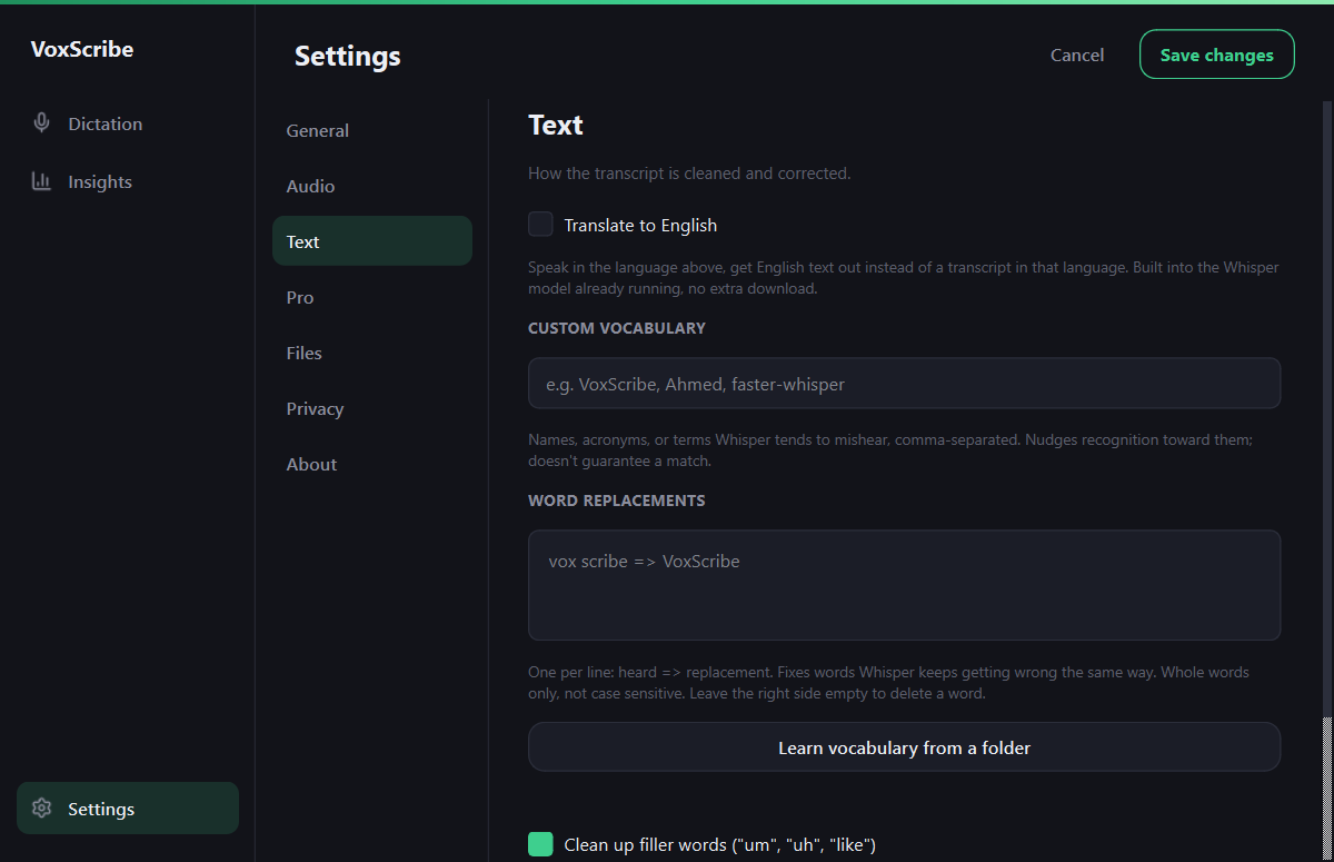 VoxScribe settings, Text page: custom vocabulary, word replacements and filler word cleanup
